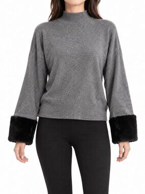 Subdued Women's Gray Knit Mock Neck Sweater with Black Faux Fur Cuffs, One Size